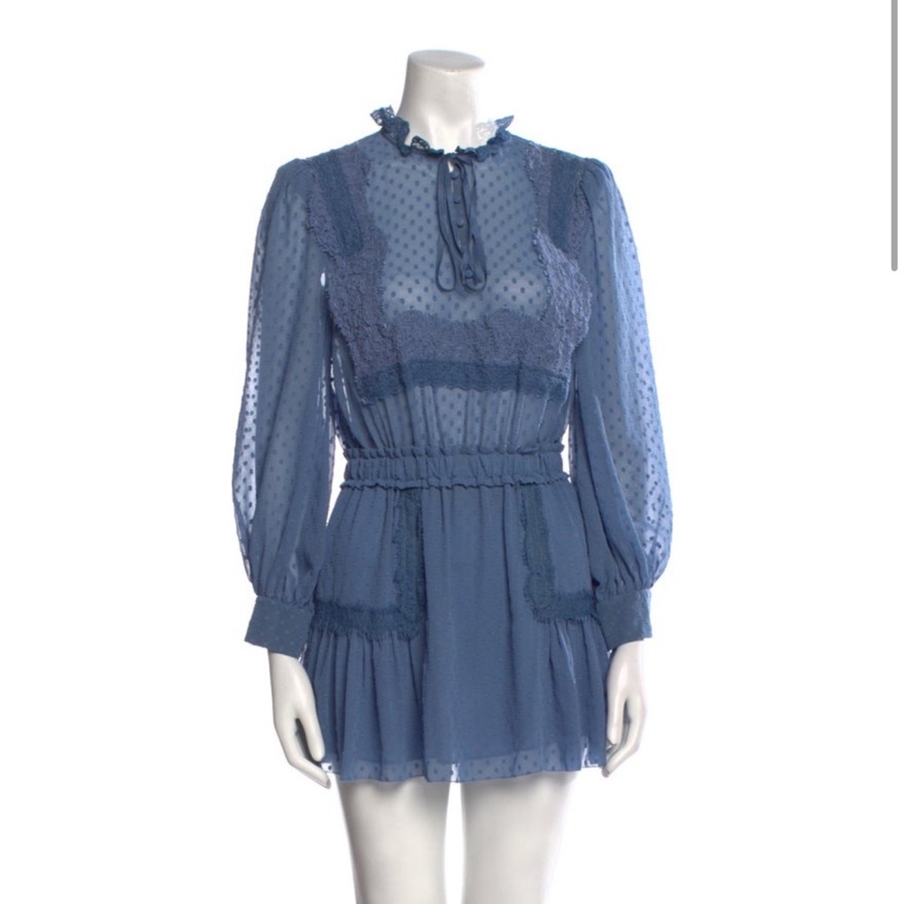 LoveShackFancy Blue Mock Neck Mini A-Line Dress